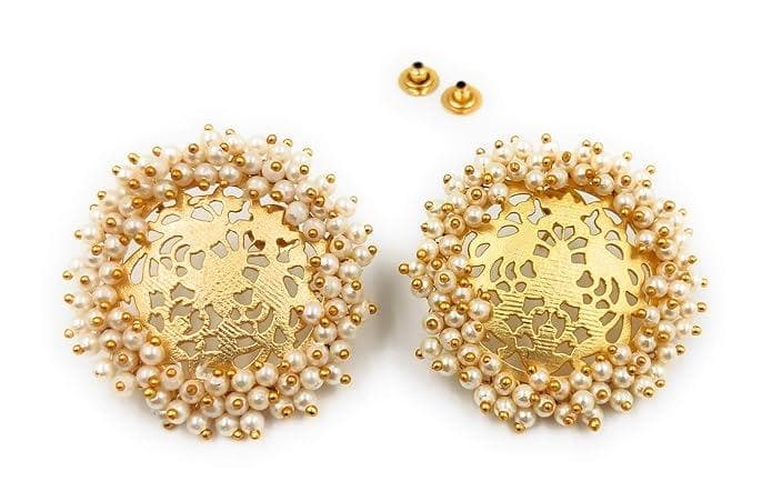 Handmade designer golden brass pearl stone earrings - halfpeapp