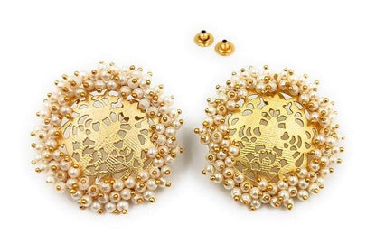 Handmade designer golden brass pearl stone earrings - halfpeapp