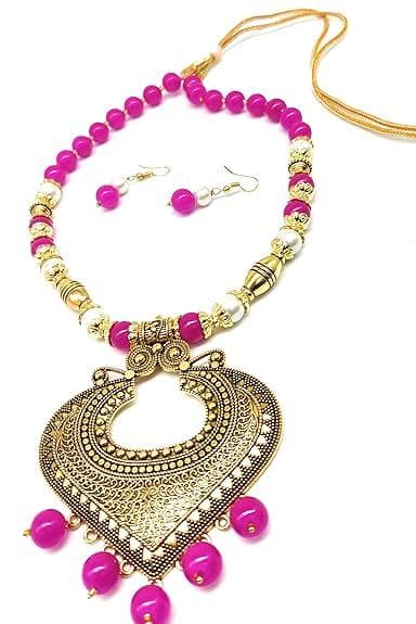 Handmade designer manganta pink stylish pearl beads necklace set - halfpeapp