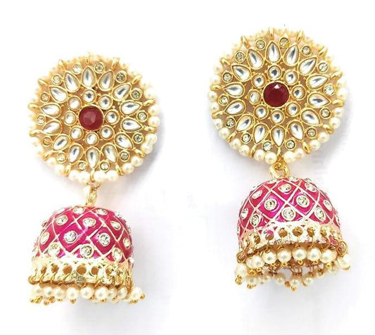 Handmade designer meenakari pink hand-painted earrings - halfpeapp