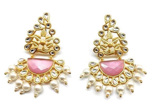 Handmade designer pink brass pearl stone earring - halfpeapp