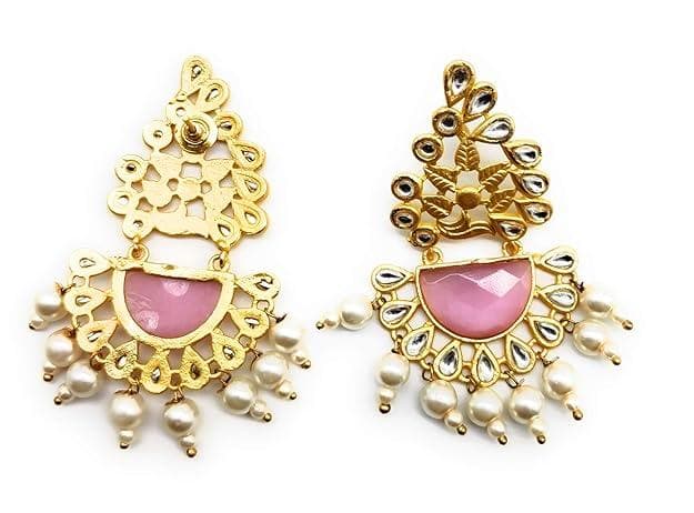 Handmade designer pink brass pearl stone earring - halfpeapp