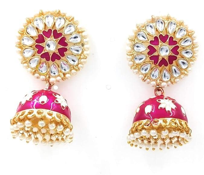 Handmade golden meenakari kundan pink color hand-painted earrings - halfpeapp