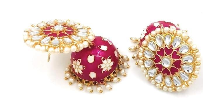 Handmade golden meenakari kundan pink color hand-painted earrings - halfpeapp