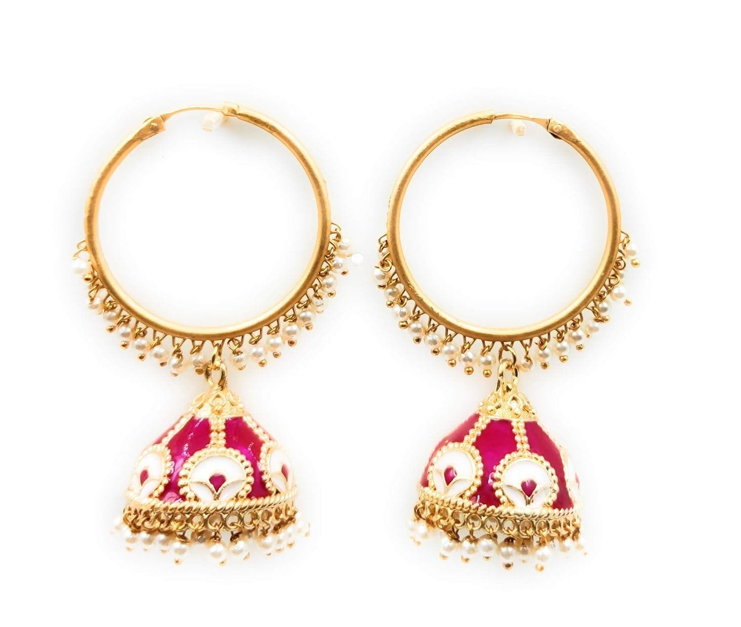 Handmade golden meenakari magenta pink color earrings - halfpeapp