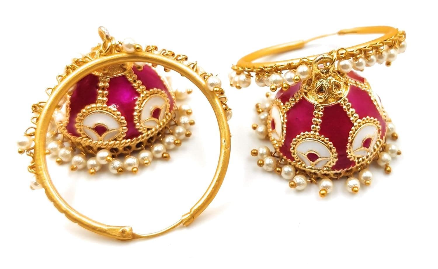 Handmade golden meenakari magenta pink color earrings - halfpeapp