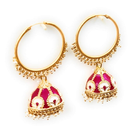 Handmade golden meenakari magenta pink color earrings - halfpeapp