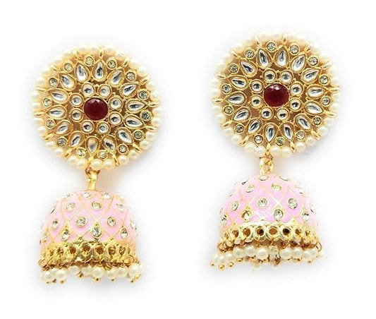 Handmade kundan meenakari baby pink hand-painted stone earrings - halfpeapp