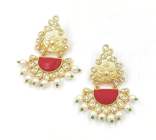 Handmade kundan red color golden pearl earrings - halfpeapp