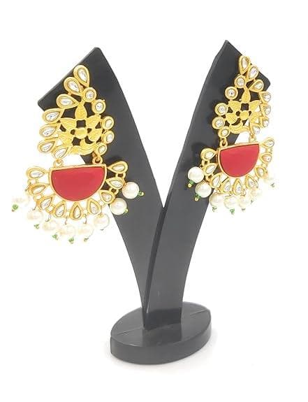 Handmade kundan red color golden pearl earrings - halfpeapp