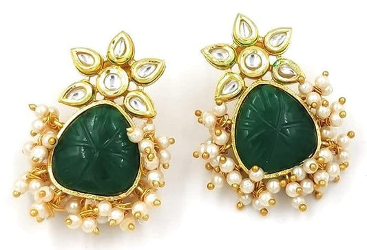 Handmade kundan stud dark green earrings - halfpeapp