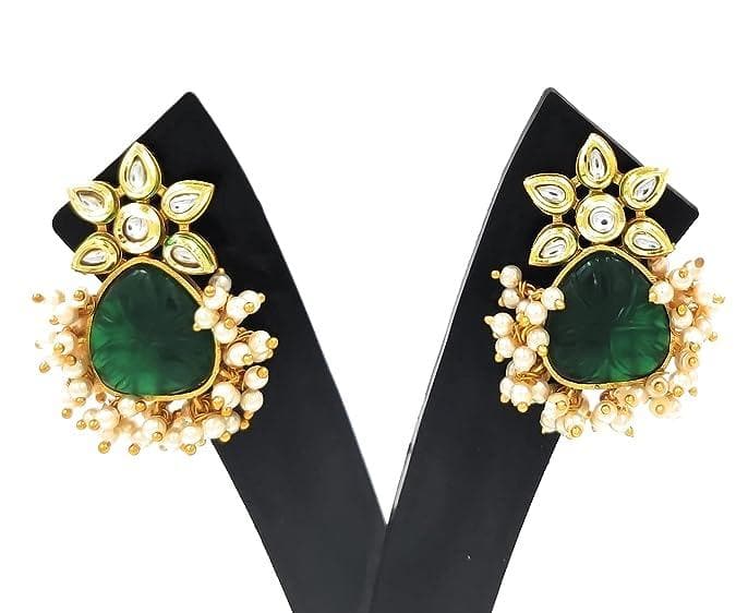 Handmade kundan stud dark green earrings - halfpeapp