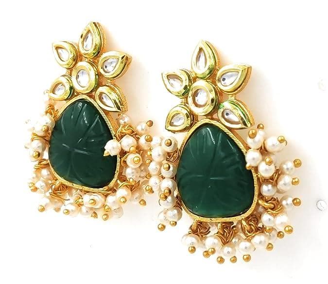 Handmade kundan stud dark green earrings - halfpeapp