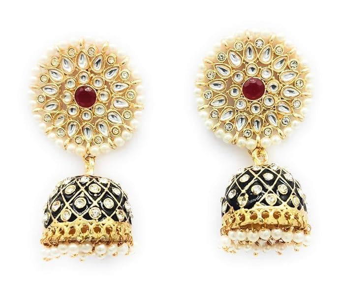 Handmade kundan stylish hand-painted black meenakari stone earrings - halfpeapp