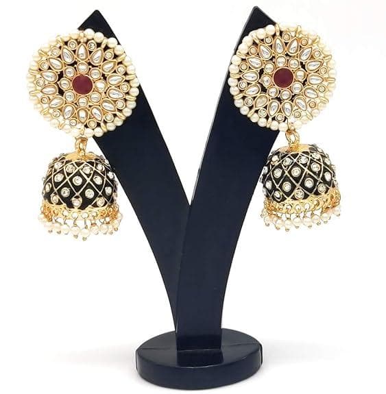 Handmade kundan stylish hand-painted black meenakari stone earrings - halfpeapp