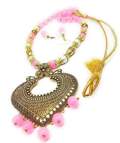 Handmade pink pendent designer pearl golden wedding necklace set - halfpeapp