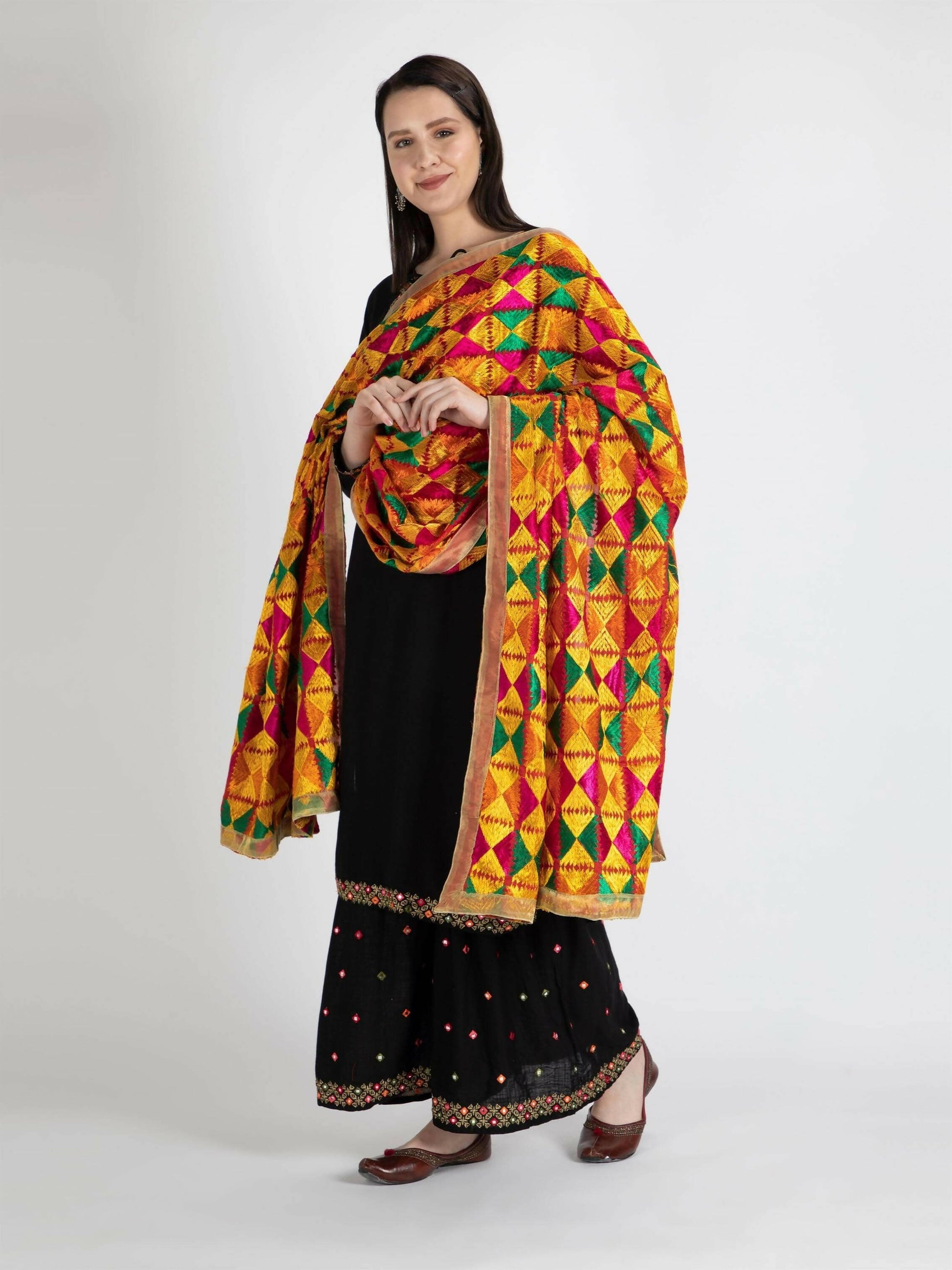 Phulkari with gold Lace (Multicolour) - HalfPe