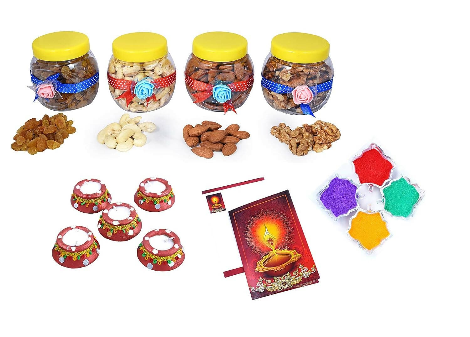 MANTOUSS Premium Diwali Dry Fruit Decorative Jar-Cashew,Almond,Walnut and Raisin (100gms Each),400 GMS + 2 Matki Wax Filled Diya, Diwali Greeting Card and Rangoli Colours - HalfPe