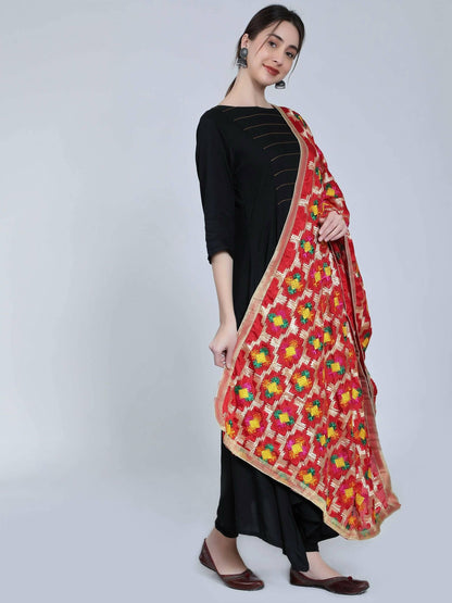 Phulkari dupatta with designs (red) - HalfPe