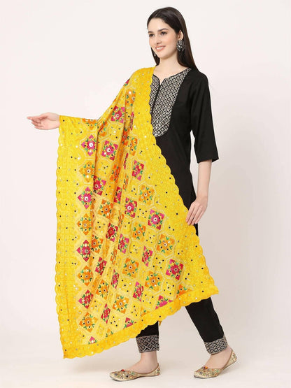 Yellow Multicolour Embroidery Phulkari Dupatta with Beads - HalfPe