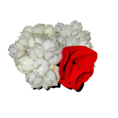 SENECIO Velvet Red Rose Flower Full Bloomed White Mogra Jasmine Hair Band Ponytail Holder (Pack of 3) - HalfPe