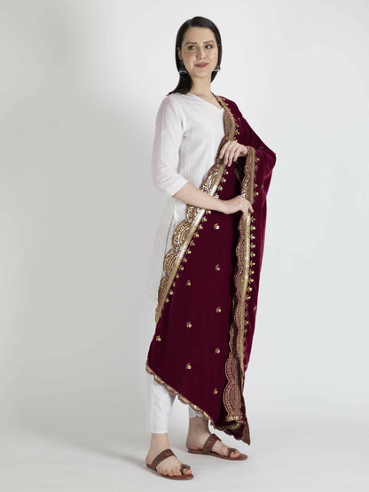 Maroon Embroidered Velvet Shawl Dupatta for women - HalfPe