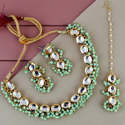 LUCKY JEWELLERY Back Meenakari 18k Gold Plated Mint Color Tika Earring Combo Uncut Big Faux Kundan Choker Necklace set - HalfPe