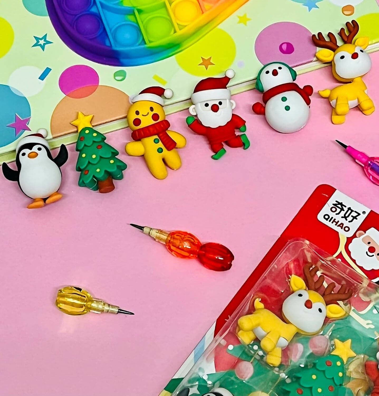 Le Delite Santa Claus Christmas Tree Reindeer Snowman Xmas Theme Combo of 6 Erasers & 1 Rainbow Pencil - HalfPe