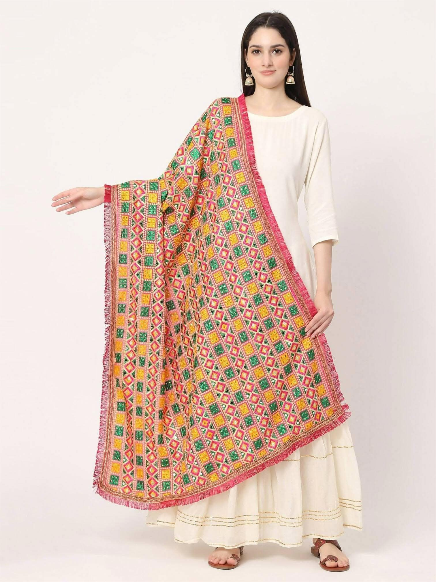 Mullticolour Embroidery Phulkari Dupatta with Mirror and Pearls - HalfPe