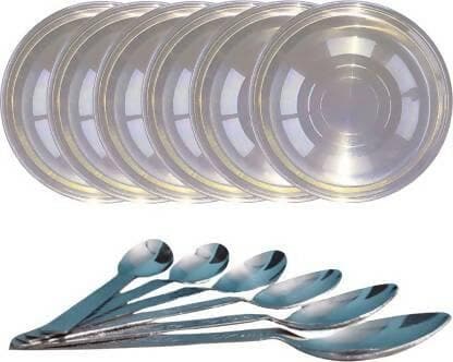 SHINI LIFESTYLE Steel Laser Halva Plates,Breakfast Plates,Quarter Plate 6pc with spoon set Dinner Plate (Pack of 12) - HalfPe