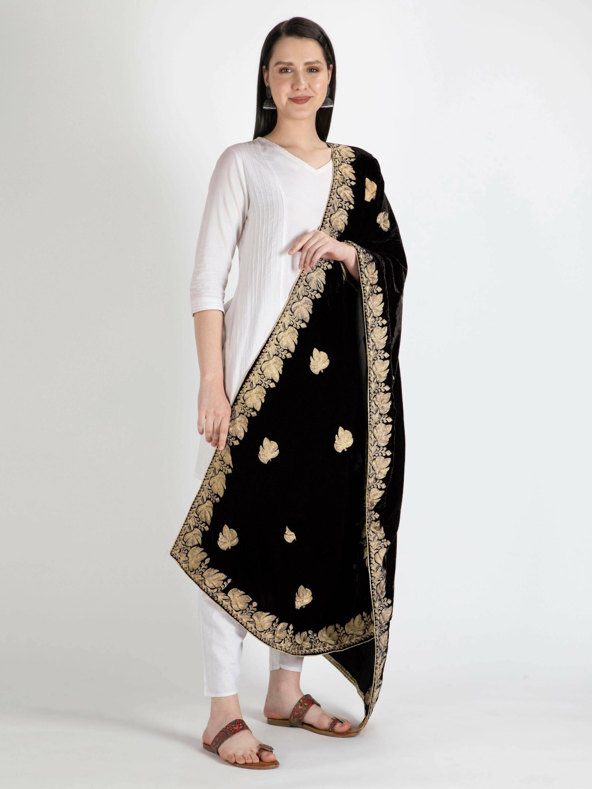 Velvet Embroidery Shawl Dupatta (Black) - HalfPe