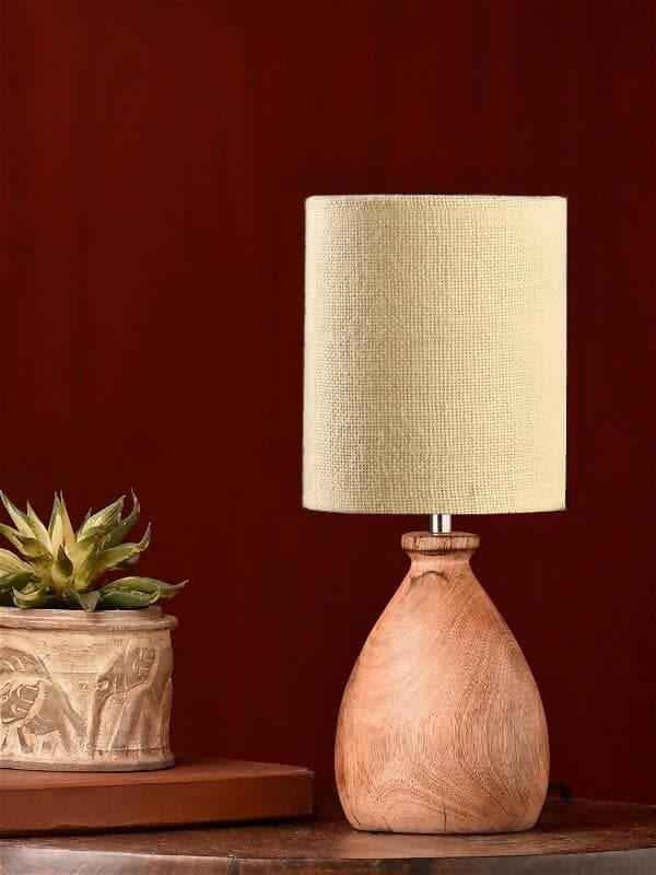 Wooden Dome Table Lamp With Jute White Shade - HalfPe