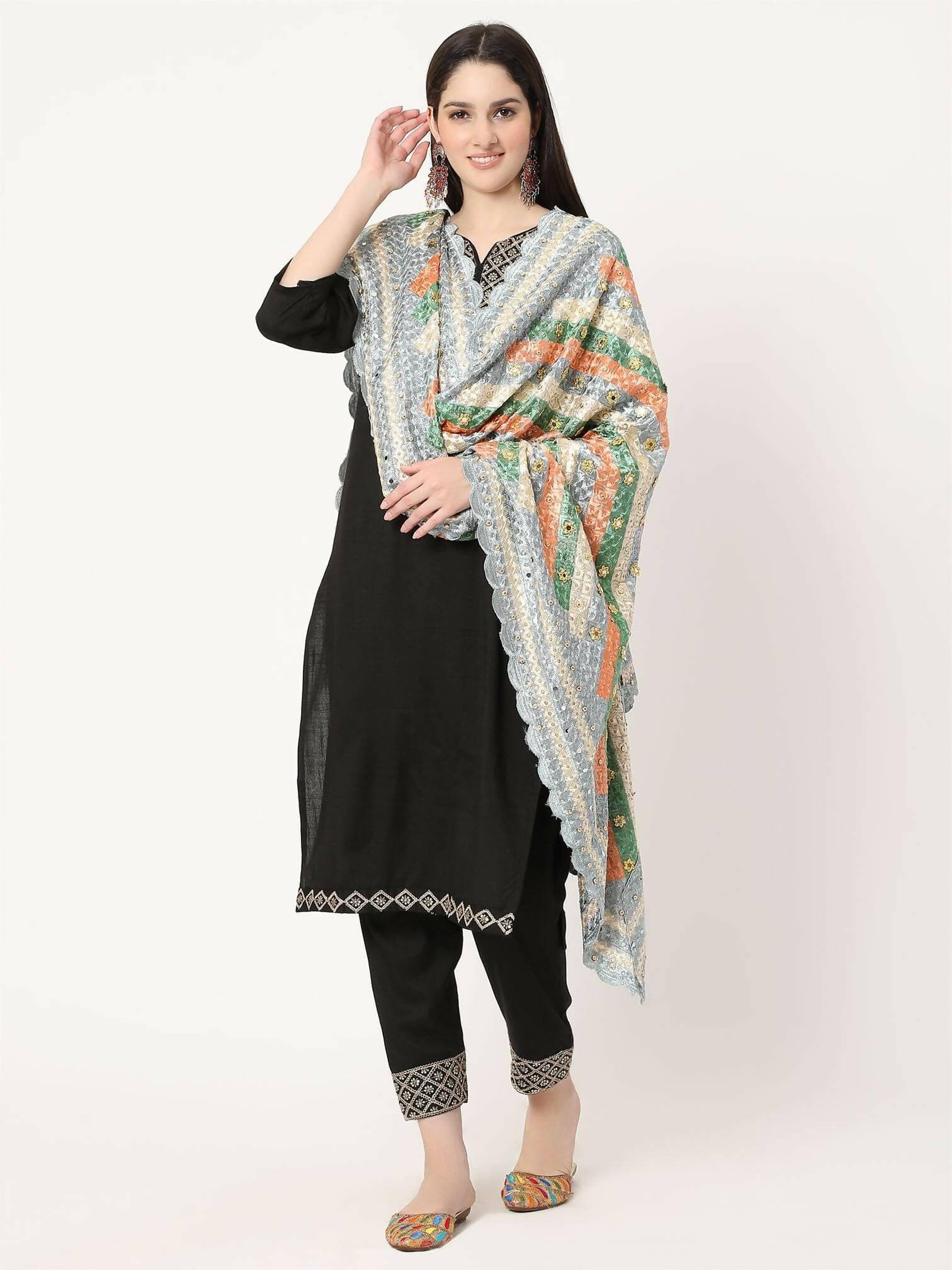 Grey Multicolour Embroidery Phulkari Dupatta with Beads - HalfPe