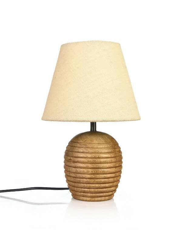 Striped Wooden Brown Lamp With White Jute Shade - HalfPe