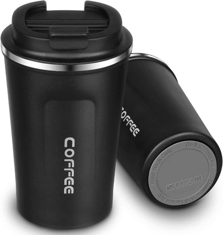 Travel Mug Coffee Cup with Lid Stainless Steel Double Wall Water Bottle (500 ML) (Black) - HalfPe
