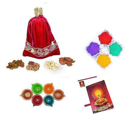 MANTOUSS Premium Diwali Dry Fruit Potli-Cashew,Almond,Walnut and Raisin (100gms Each),400 GMS + 2 Cute diyas, Rangoli Colours and Diwali Greeting - HalfPe