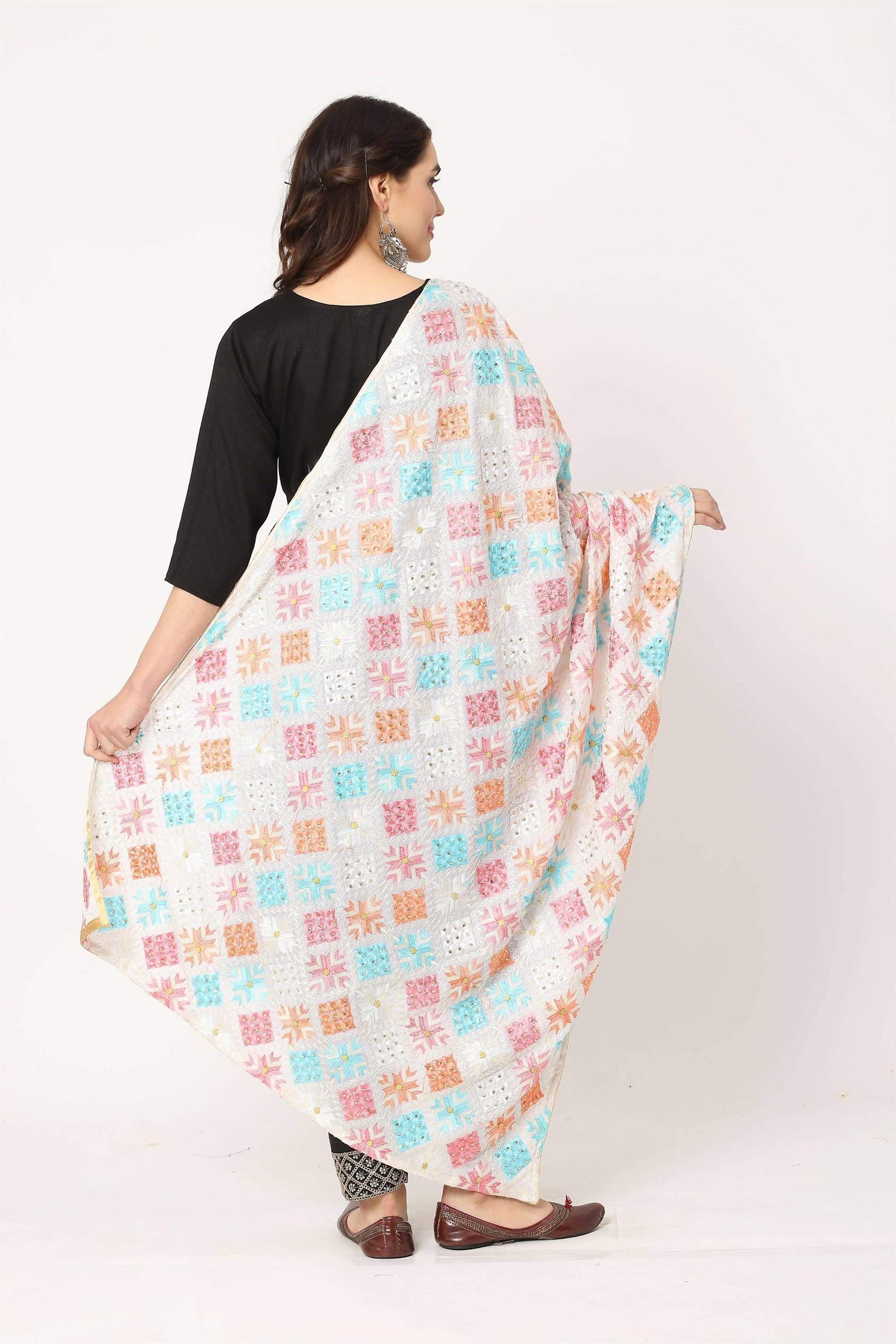 White Mullticolour Embroidery Phulkari Dupatta with Beads - HalfPe