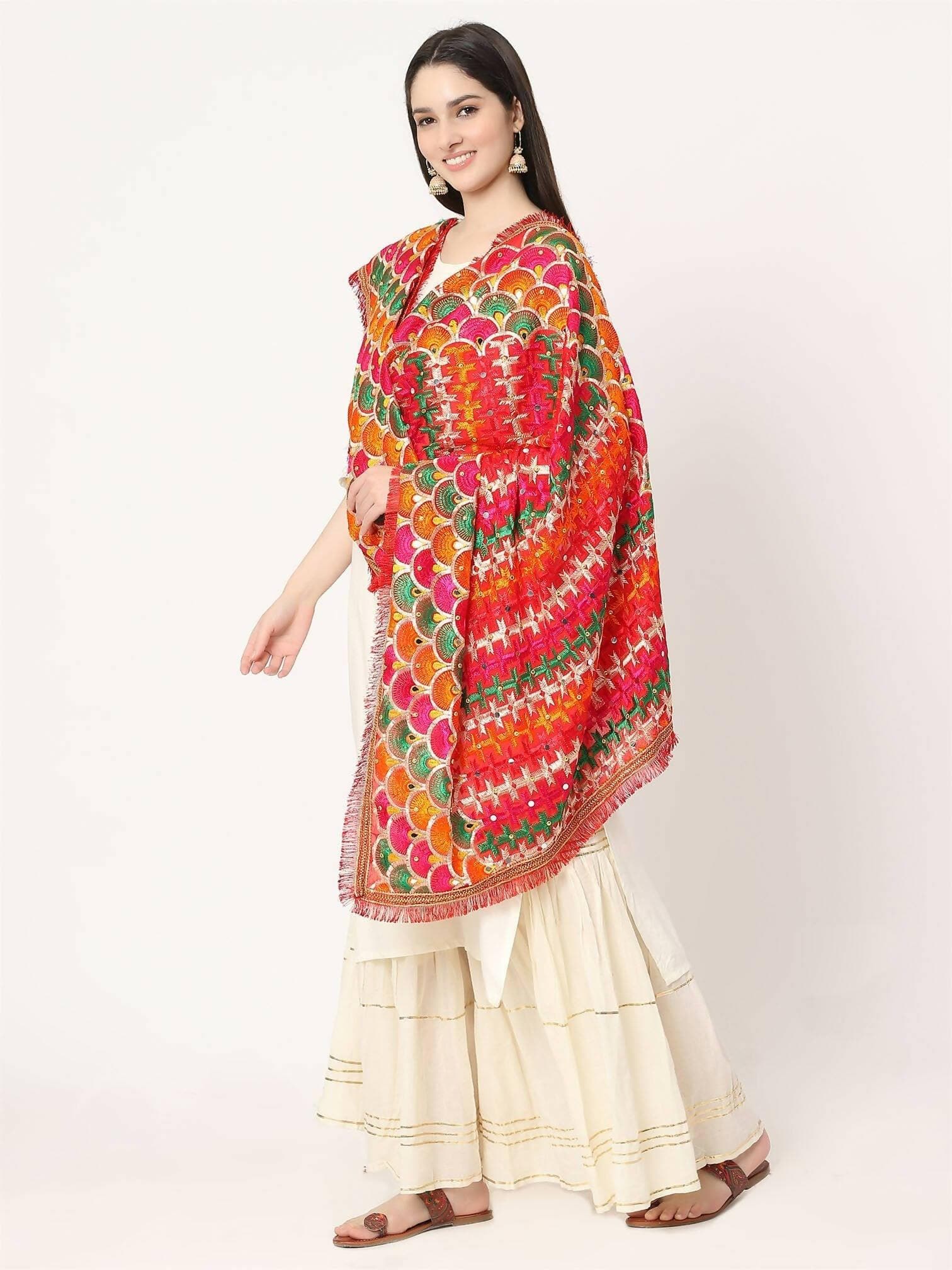 Red Multicolour Embroidery Phulkari Dupatta with Mirror - HalfPe