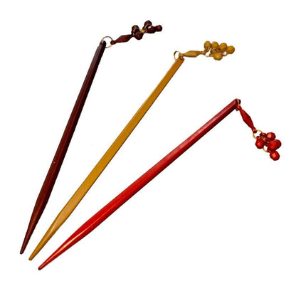 SENECIO Beaded Tassel Wooden Style Multicolor 3Pc Combo Set Ethnic Retro Printed Hair Stick For Juda & Bun Pin - HalfPe