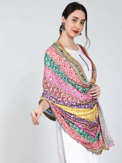 Chiffon Digital Print Pakistani Dupatta with Mirror Work(pink border) - HalfPe