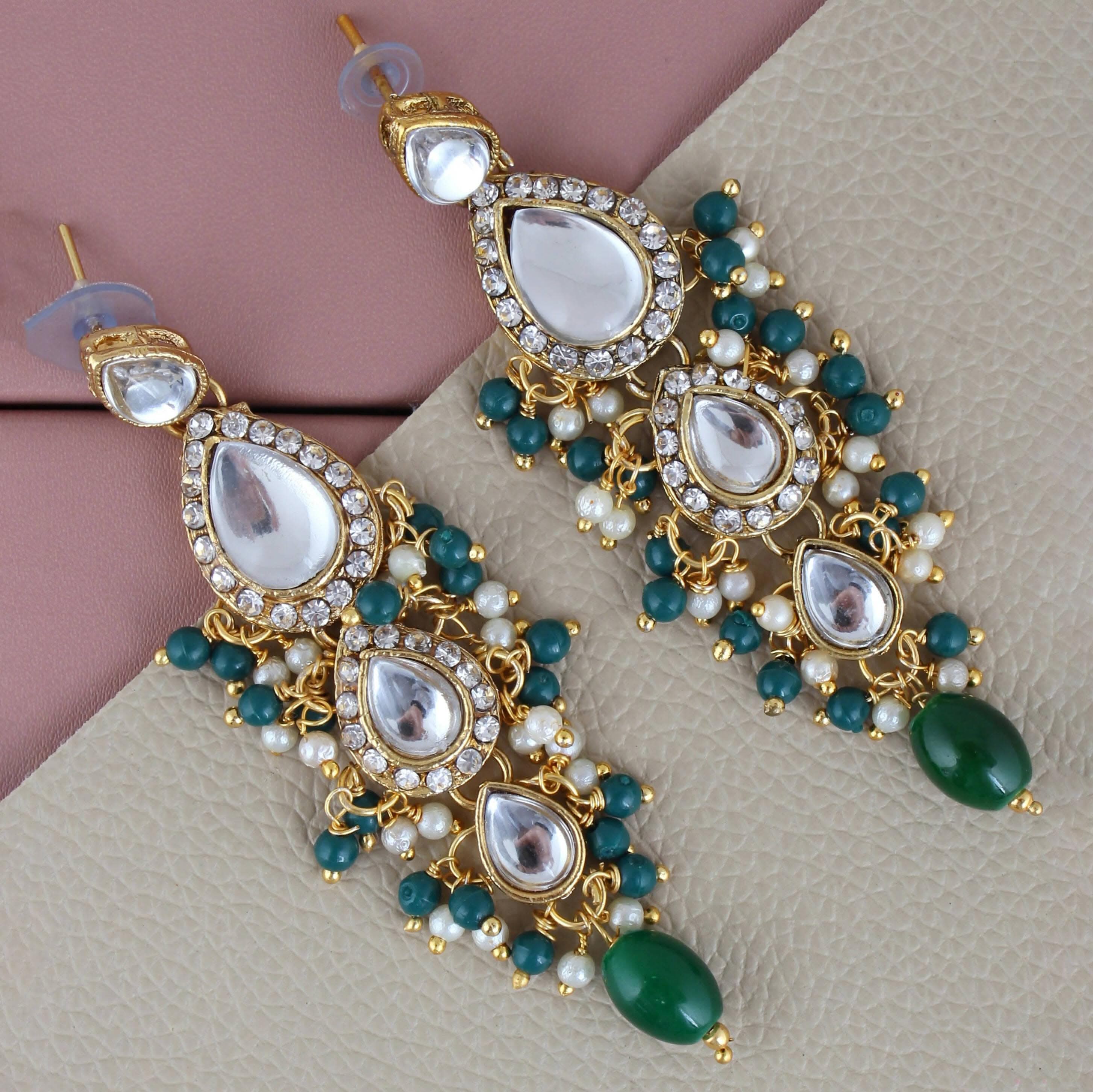 LUCKY JEWELLERY Gold Plated White Green Color Tika Earring Necklace Combo Kundan Jewellery Set - HalfPe