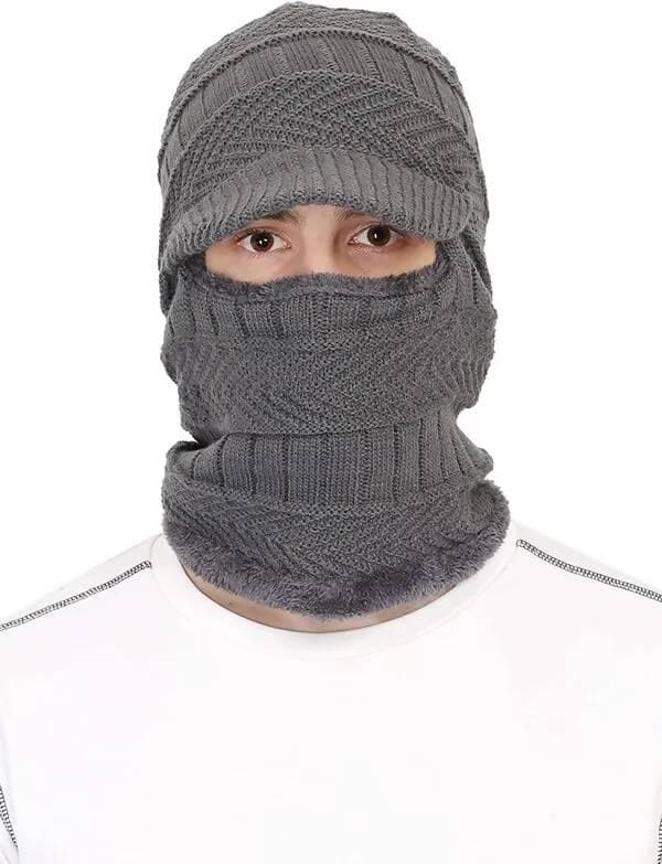 Woven Grey Unisex Acrylic Woolen Balaclava, Beanie/Skull Cap & Muffler - HalfPe