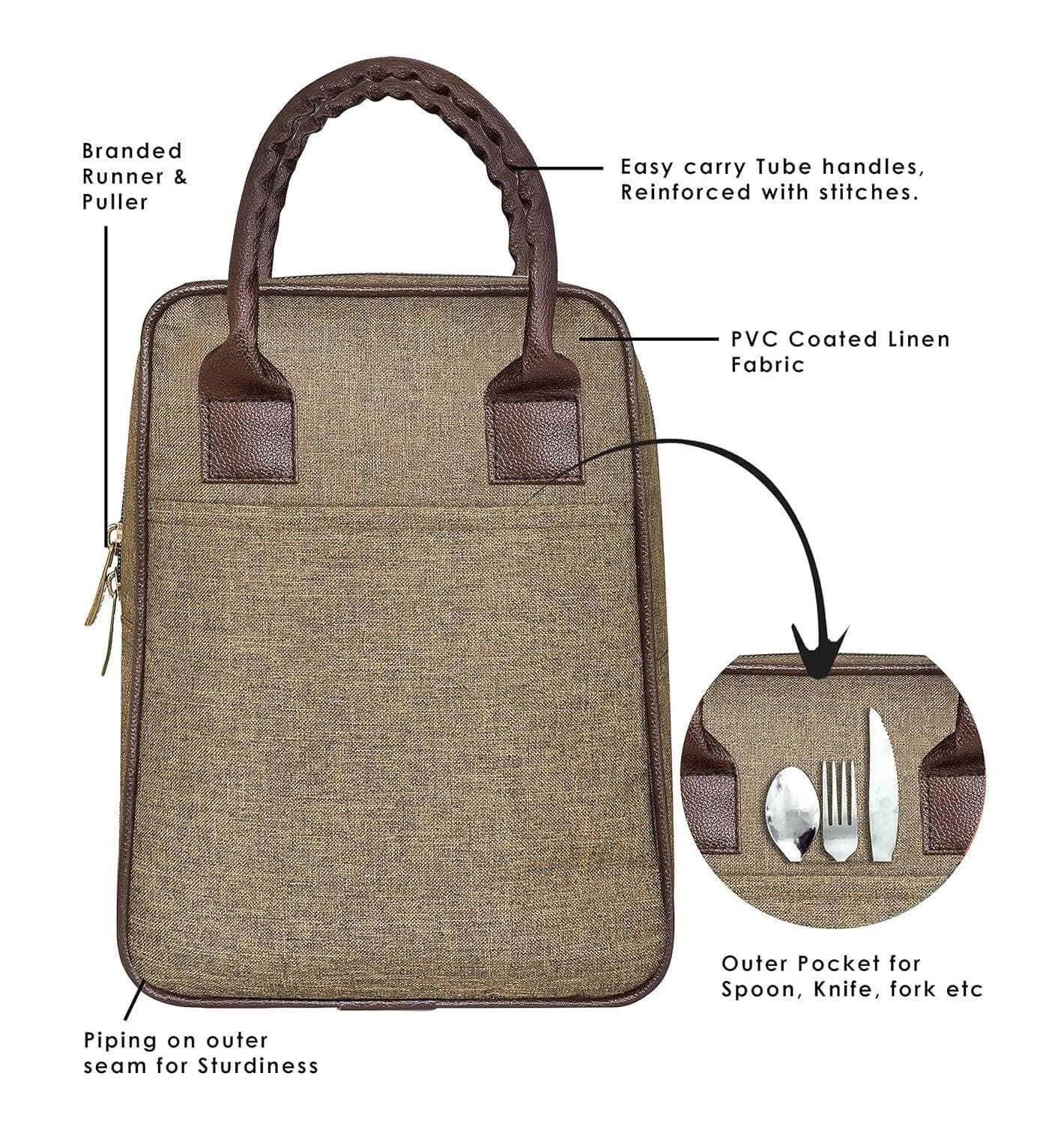 LOREM Khaki Linen Textured Insulated Tiffin Bag/Lunch Bag for Men & Women - HalfPe