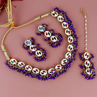 LUCKY JEWELLERY Back Meenakari 18k Gold Plated Purple Color Tika Earring Combo Uncut Big Faux Kundan Choker Necklace set - HalfPe