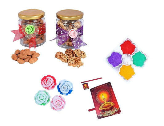 MANTOUSS Diwali Dry Fruit Decorative Glass Jar-Almond and Walnut(100gms Each),200 GMS + 2 Floating Diya, Diwali Greeting Card and Rangoli Colours - HalfPe