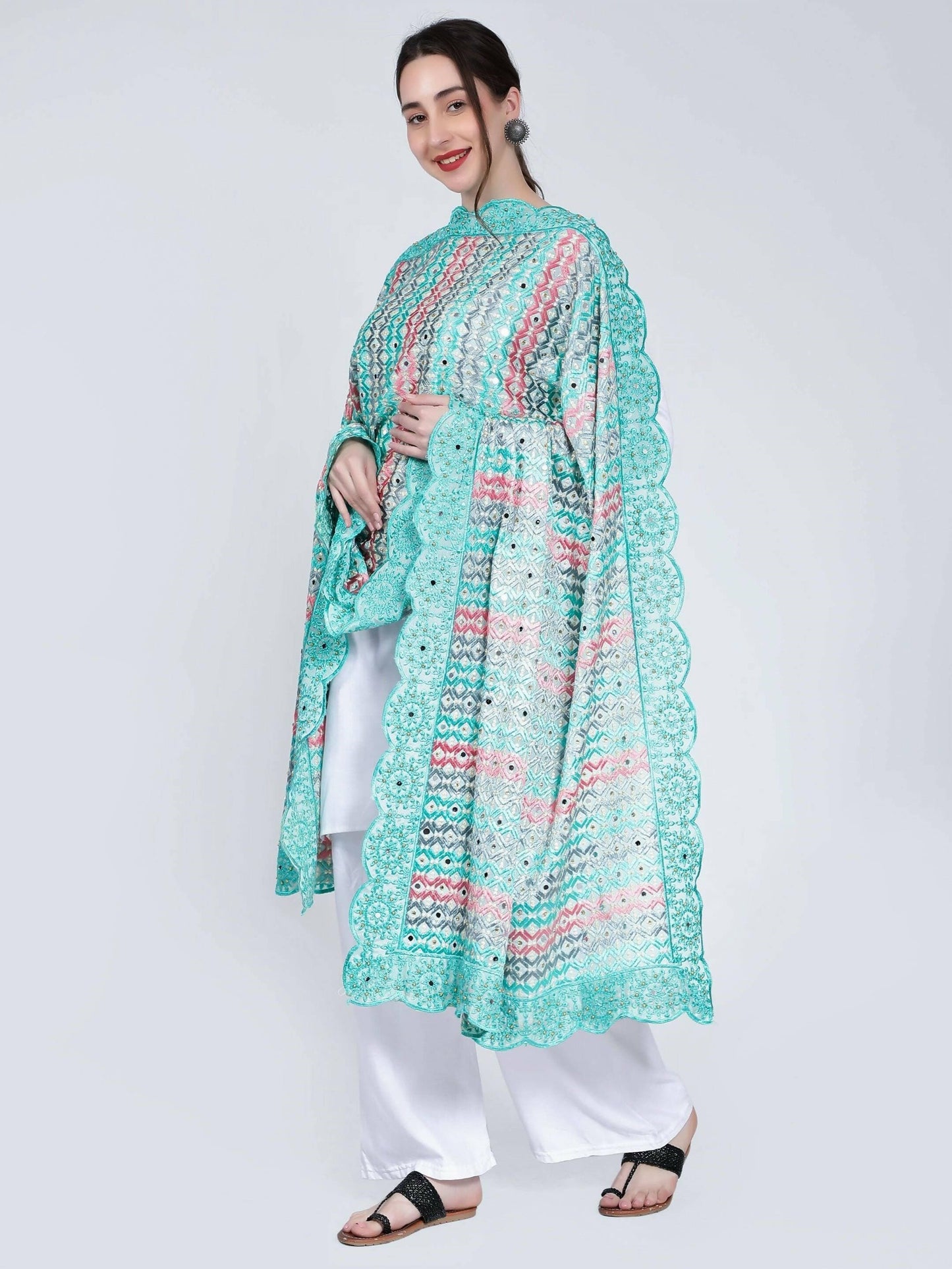 Multicolour Dupatta with Mirror and Pearls work (sea green) - HalfPe