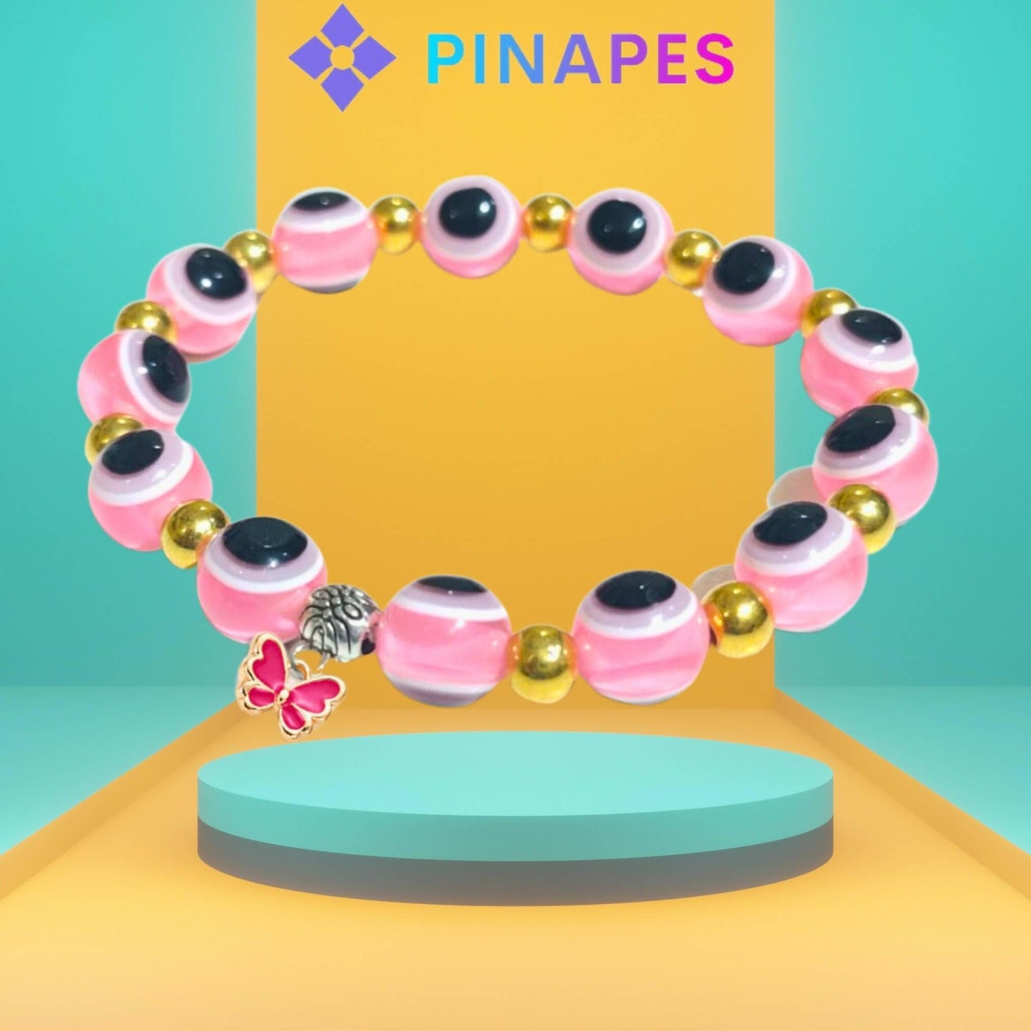 Pinapes Stylish Evil Eye Bracelet with Butterfly Pendant Ward off Negativity with Artificial Beads (Pink) - HalfPe