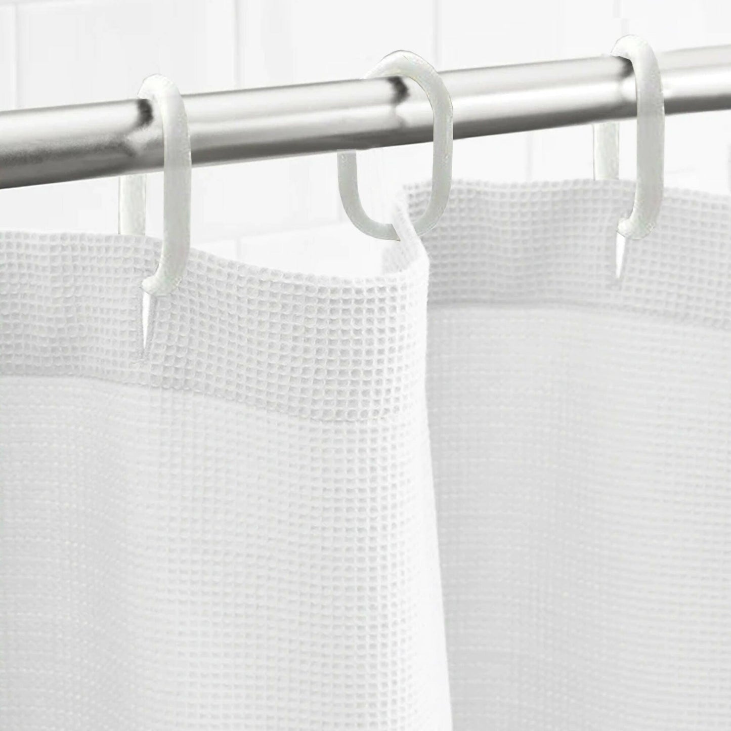 Lushomes Waffle Weave Shower Curtains , Bath Cloth, Waterproof Bathroom, Thick Heavy Duty Fabric, White, 12 Plastic C Ring Hooks, Hotel Quality, Washable Polyester (72'x72", Non-PVC) - HalfPe