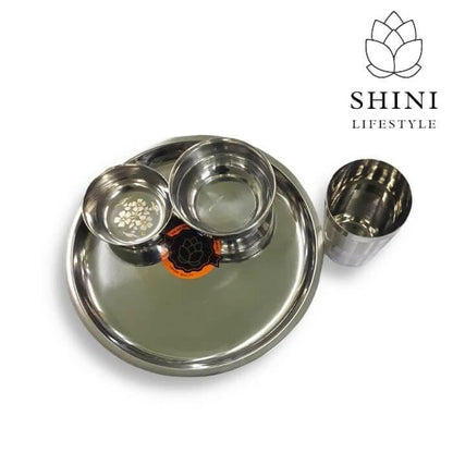 SHINI Lifestyle Stainless Steel Dinner Set with Mirror Finish (Dinner Plates, Big Bowl, Small Bowl, Glass) Dinner Set (Silver) (1 Plates, 1 Big, 1 Small Bowl, 1 Glass) - HalfPe