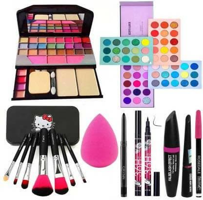 Crynn Smudge-Proof Kajal, Studio Pro Beauty Blender, Yanqina 3in1 Eyeliner, Mascara, Eyebrow Pencil, TYA 6155 Makeup Kit, Glazed 7-Piece Brush Set, Beauty Glazed Eyeshadow Palette (15 Items) - HalfPe